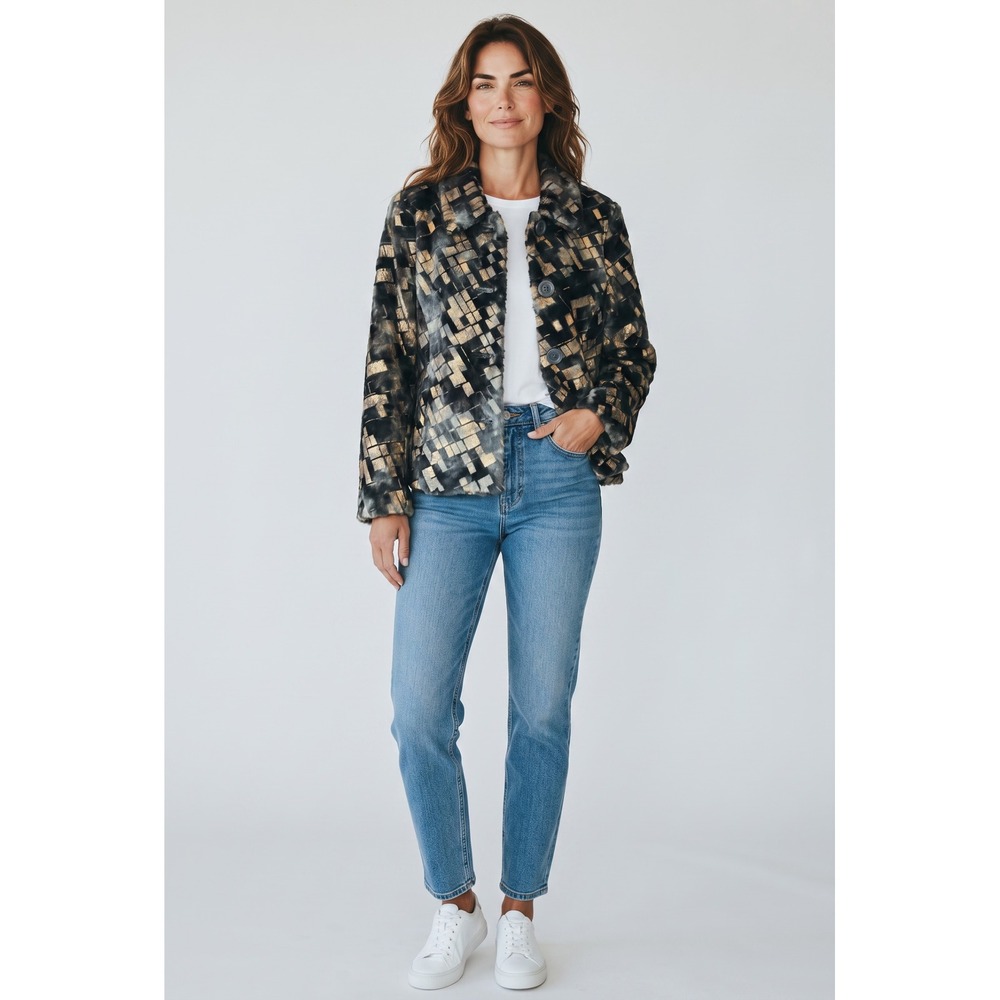 Erin London Faux Fur Jacket Metallic Gold Foil Geometric Charcoal Gray Medium